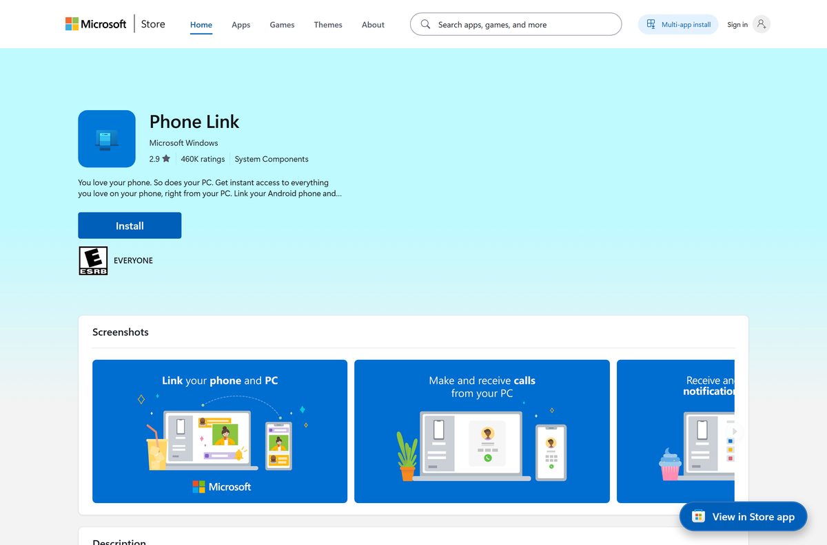 Microsoft Store listing for Phone Link with its free price and Get button