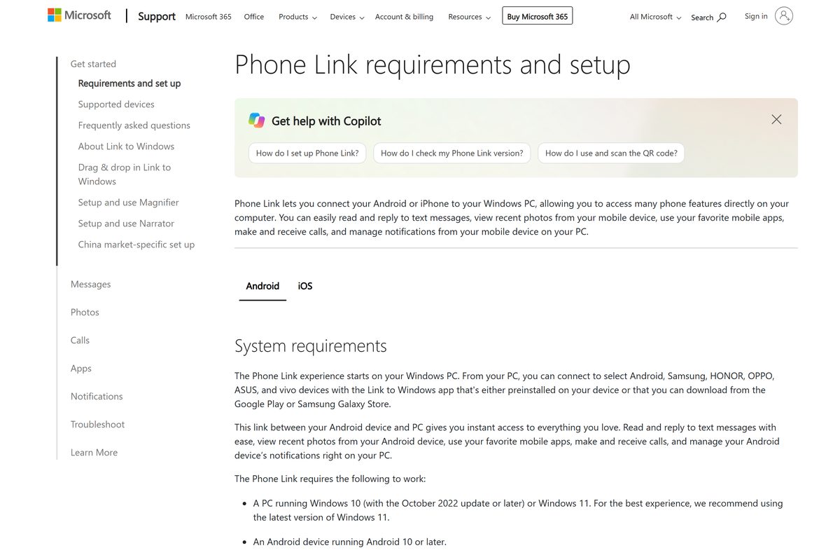 Microsoft support page listing Phone Link requirements for Android and iPhone