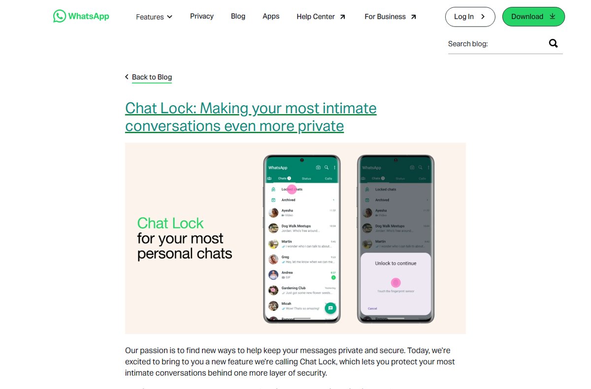 Phone screens showing the Locked Chats folder and a fingerprint unlock prompt