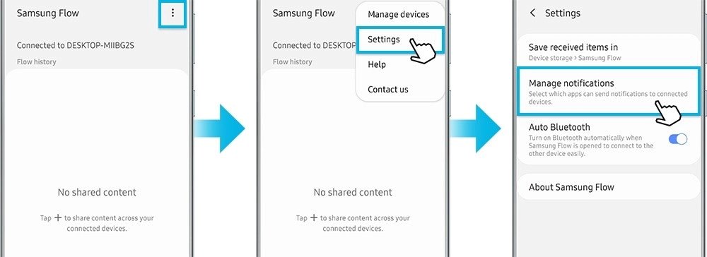 Phone's Samsung Flow settings menu open to Manage notifications