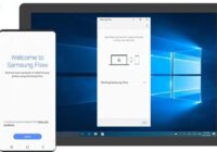 Phone's Samsung Flow welcome screen beside a Windows PC pairing window