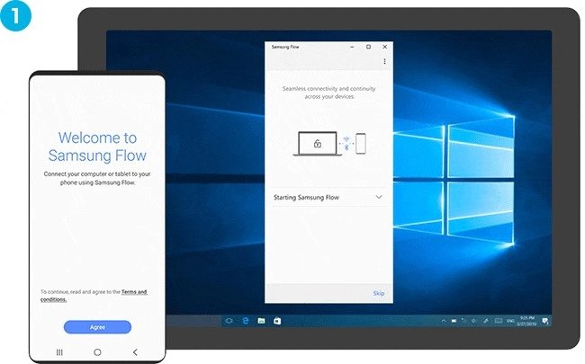 Phone's Samsung Flow welcome screen beside a Windows PC pairing window