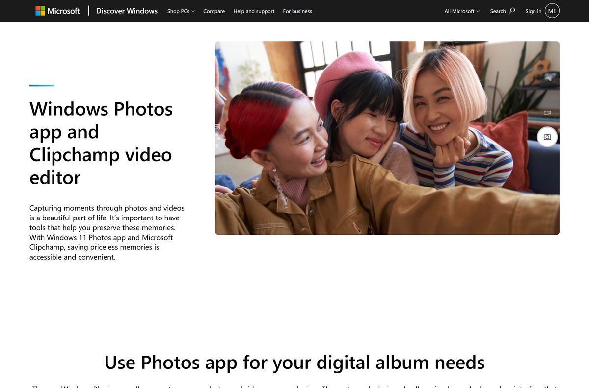 Microsoft page describing photo and film editing built into Windows 11