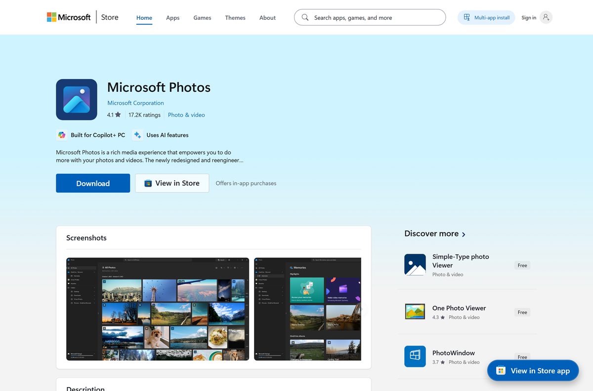 Microsoft Store listing for Photos with its rating and Get button