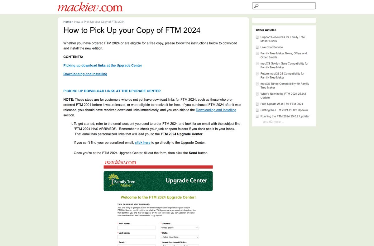 Software MacKiev support steps for getting the Family Tree Maker installer