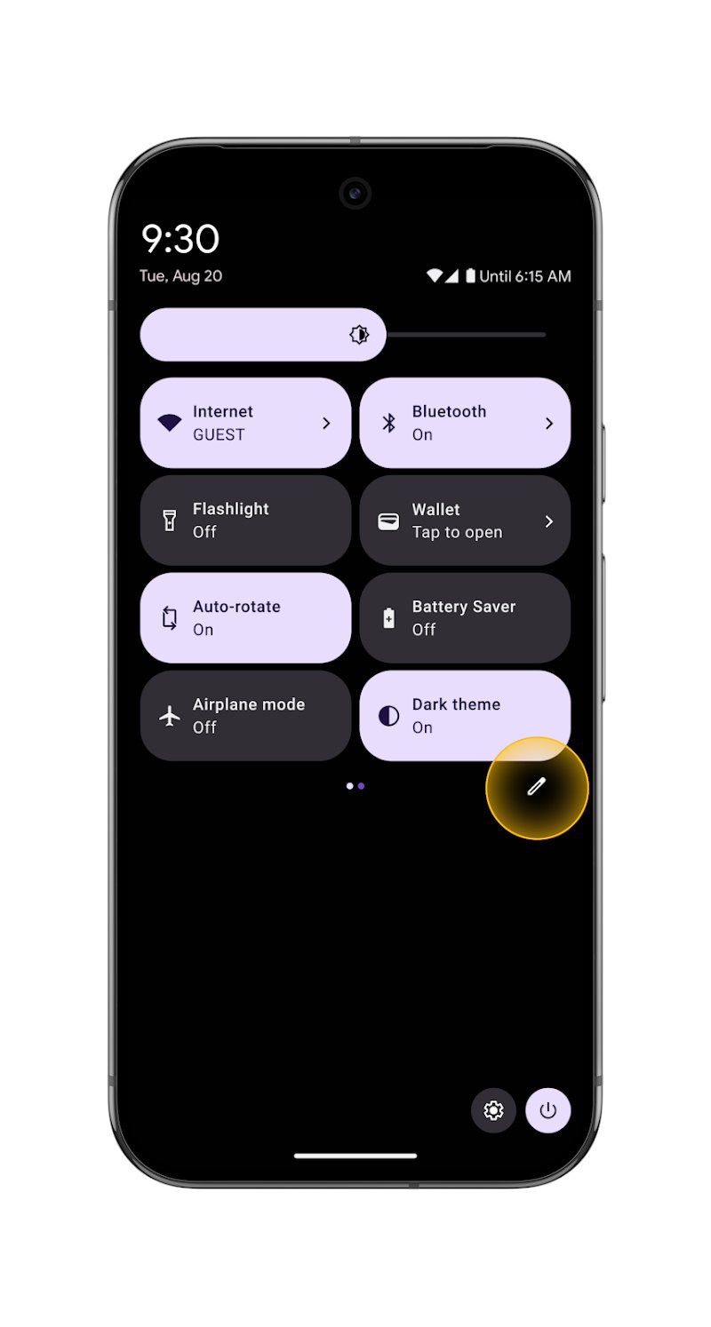 Pixel Quick Settings edit screen listing the Flashlight tile