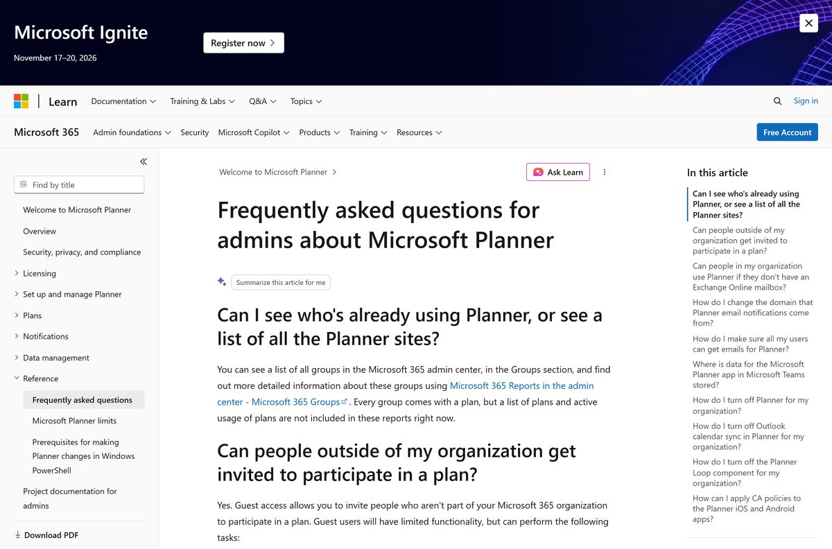 Microsoft Learn admin FAQ describing where Planner stores plans and tasks
