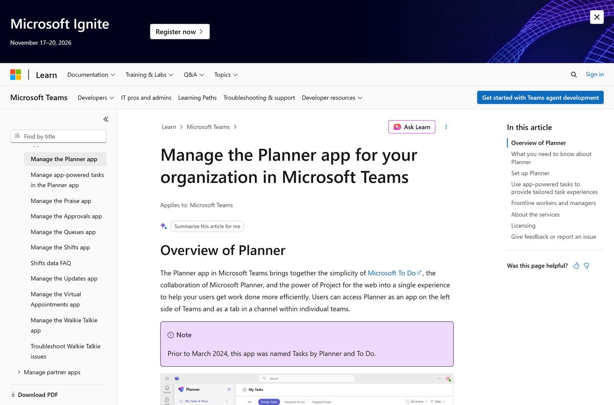 Microsoft Learn page on managing the Planner app in Teams