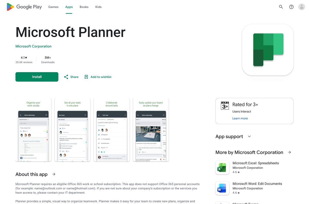 Google Play listing for Microsoft Planner with reviews and downloads