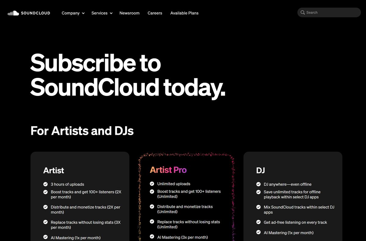 SoundCloud plans page with fan, artist and DJ subscriptions