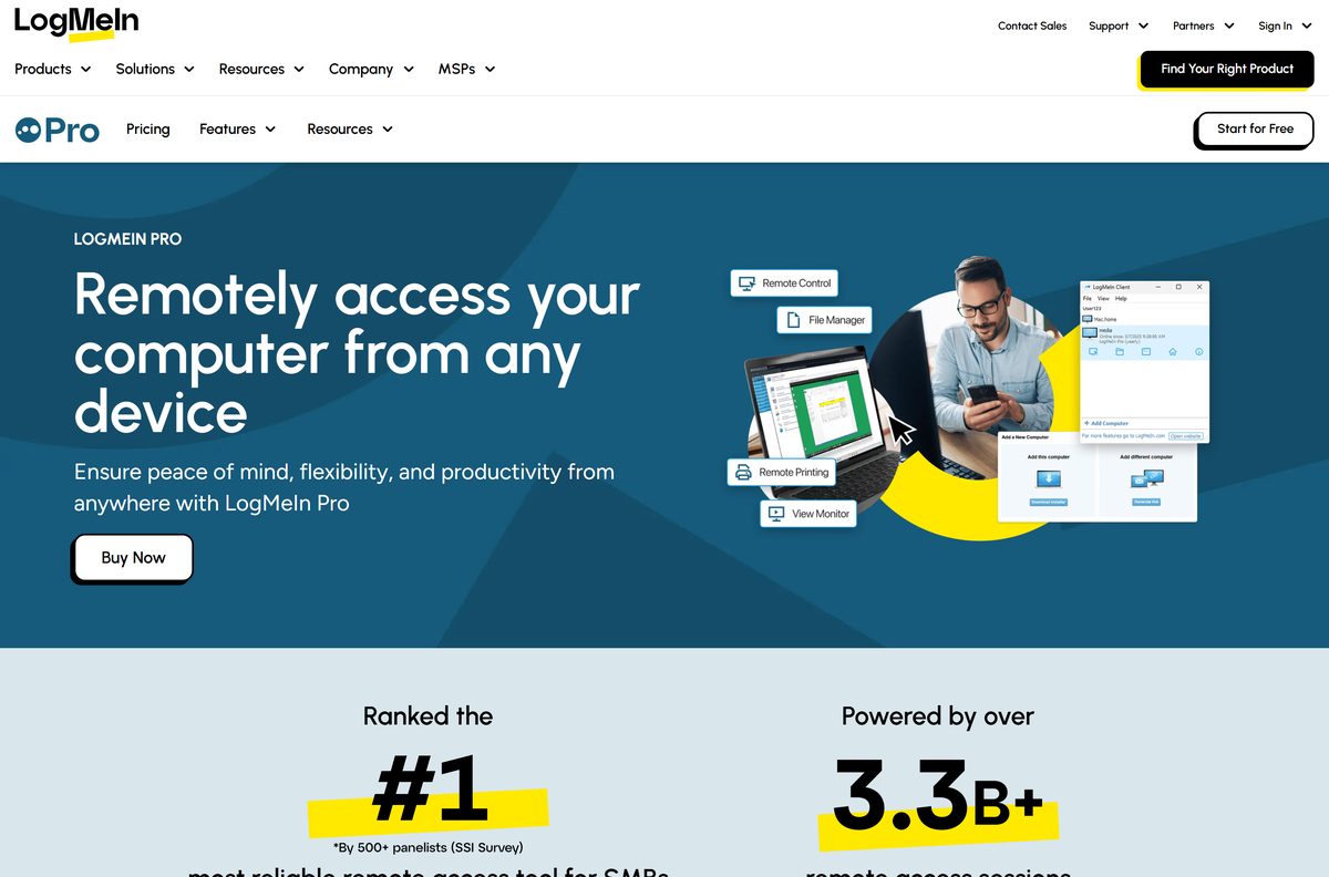 LogMeIn Pro page comparing three subscription plans and their monthly rates