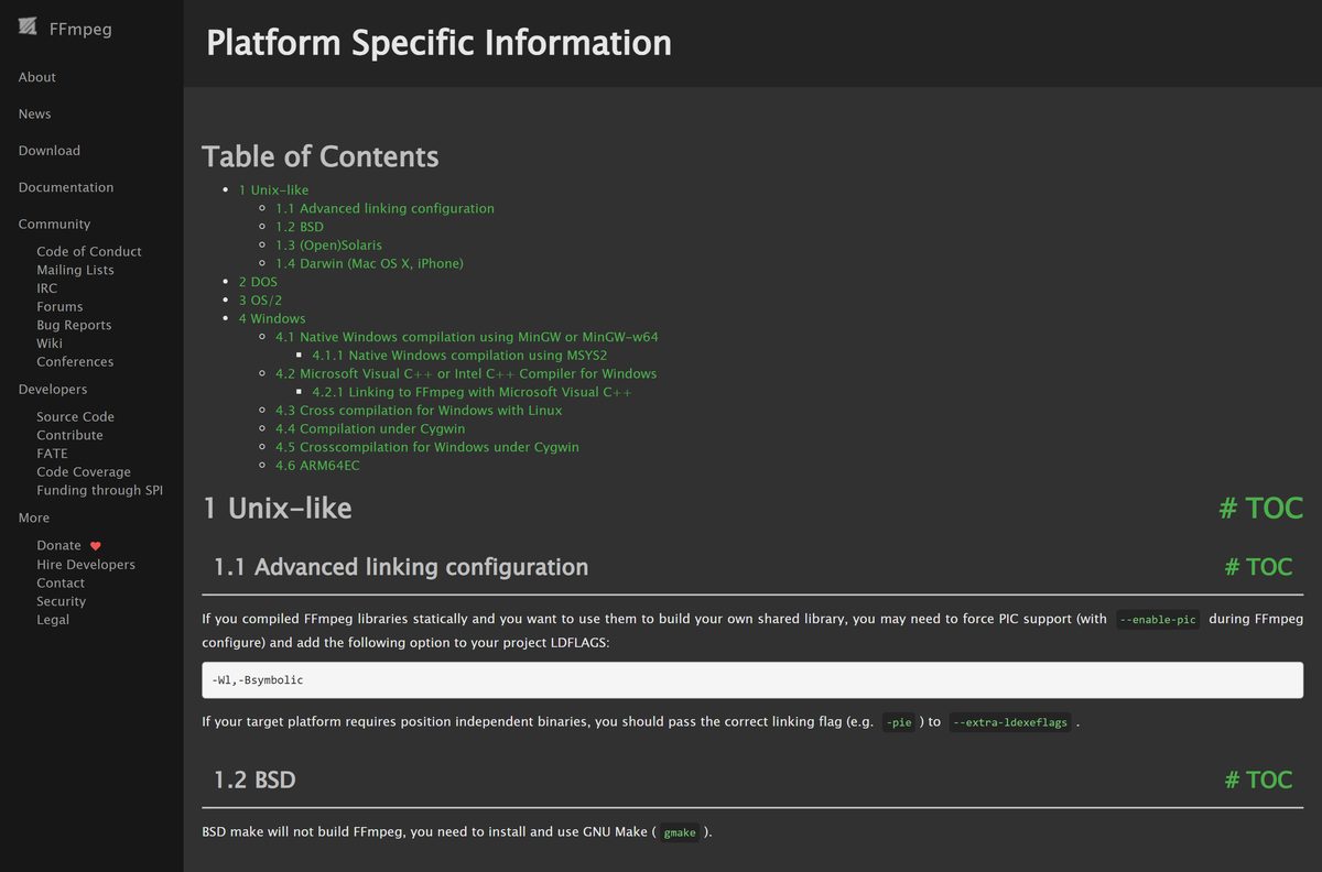 FFmpeg platform notes for building on Windows and macOS