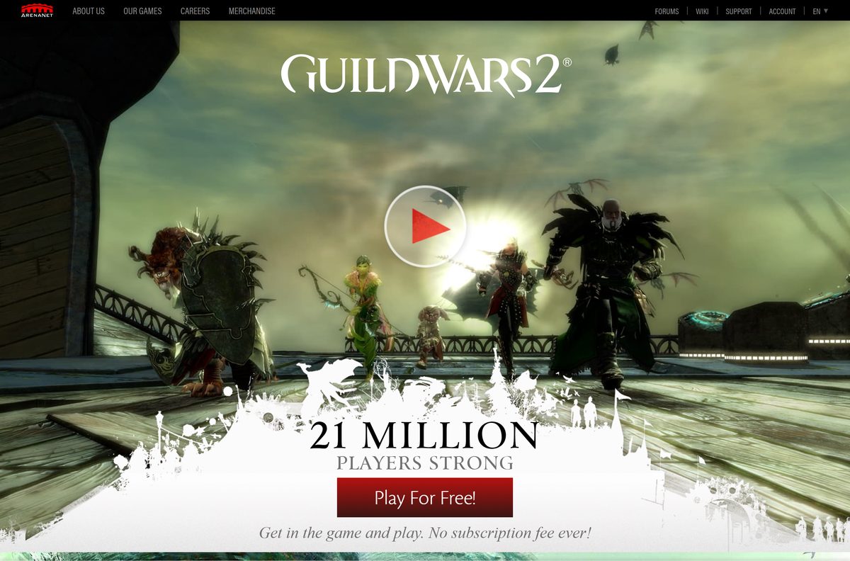 Play for free page for Guild Wars 2 with sign-up button