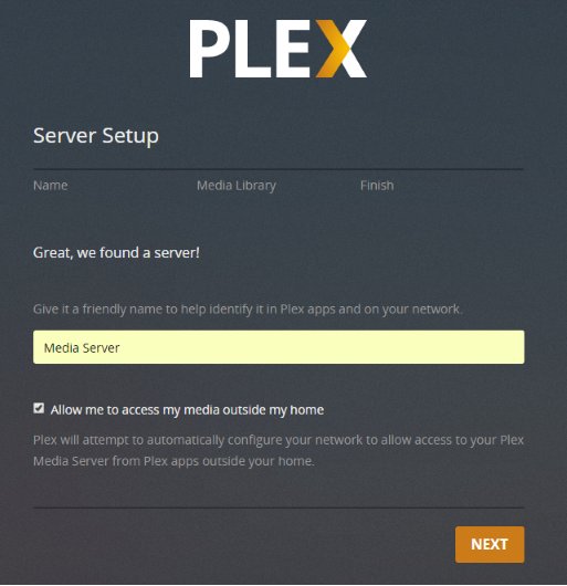 Plex Server Setup wizard naming the server with remote access ticked