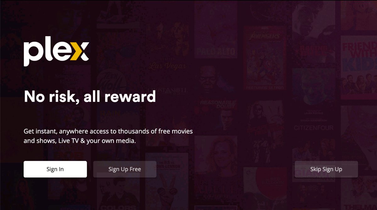 Plex TV app opening screen with Sign In and Sign Up Free buttons