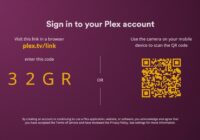 Plex TV sign-in screen showing plex.tv/link, a 4-character code and QR code
