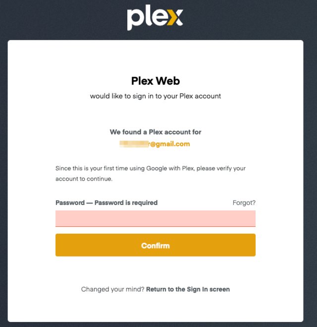 Plex Web sign-in prompt confirming a Google account with a password field