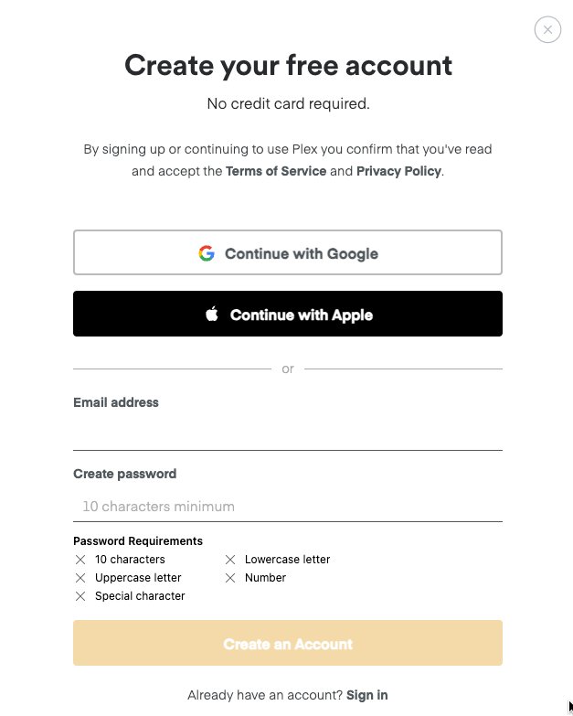 Plex account sign-up form with Continue with Google and Apple buttons