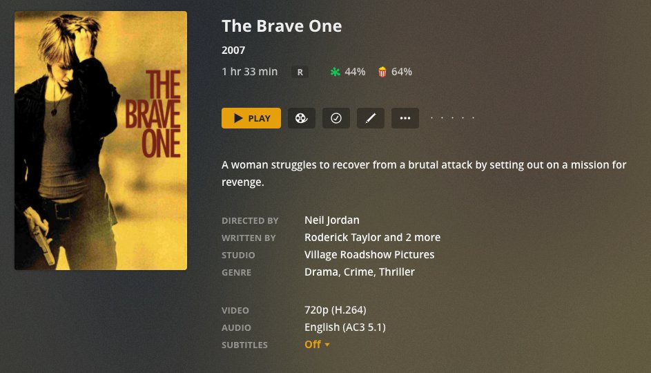 Plex details screen showing a movie mismatched as The Brave One