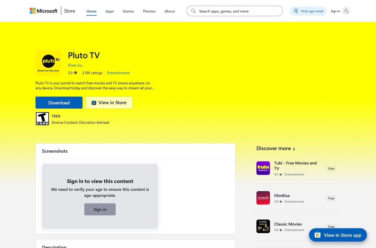 Microsoft Store listing for Pluto TV with its publisher and install button