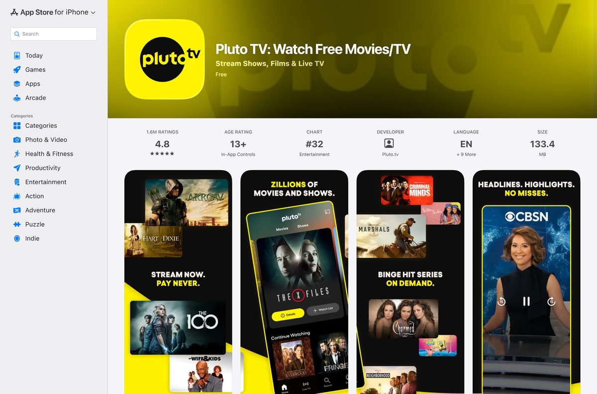 App Store page for Pluto TV showing its rating and size