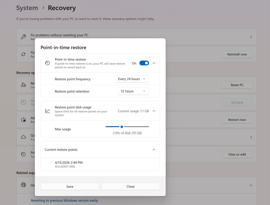 Point-in-time restore settings with 72 hours restore point retention