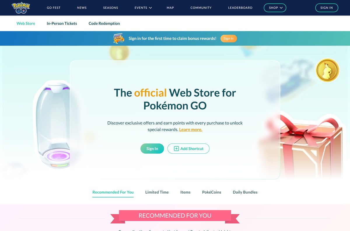 Pokémon GO Web Store home page in a desktop browser