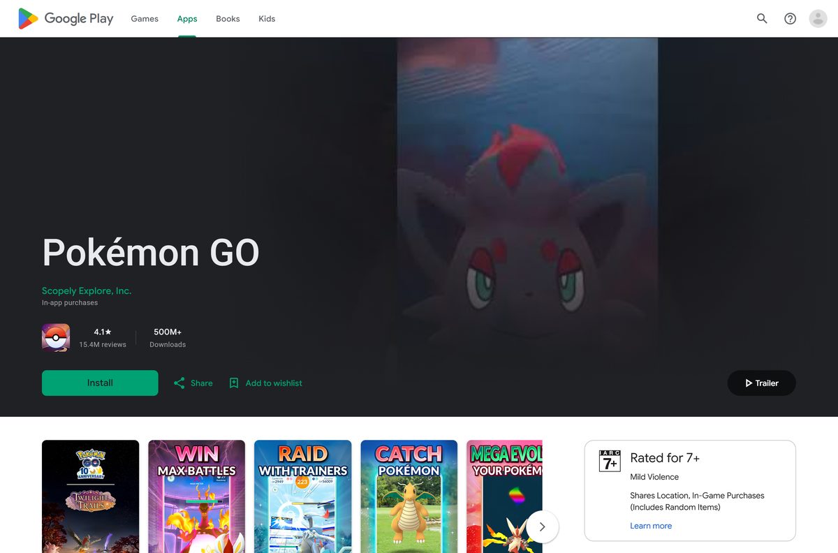 Google Play listing for Pokémon GO with its Install button