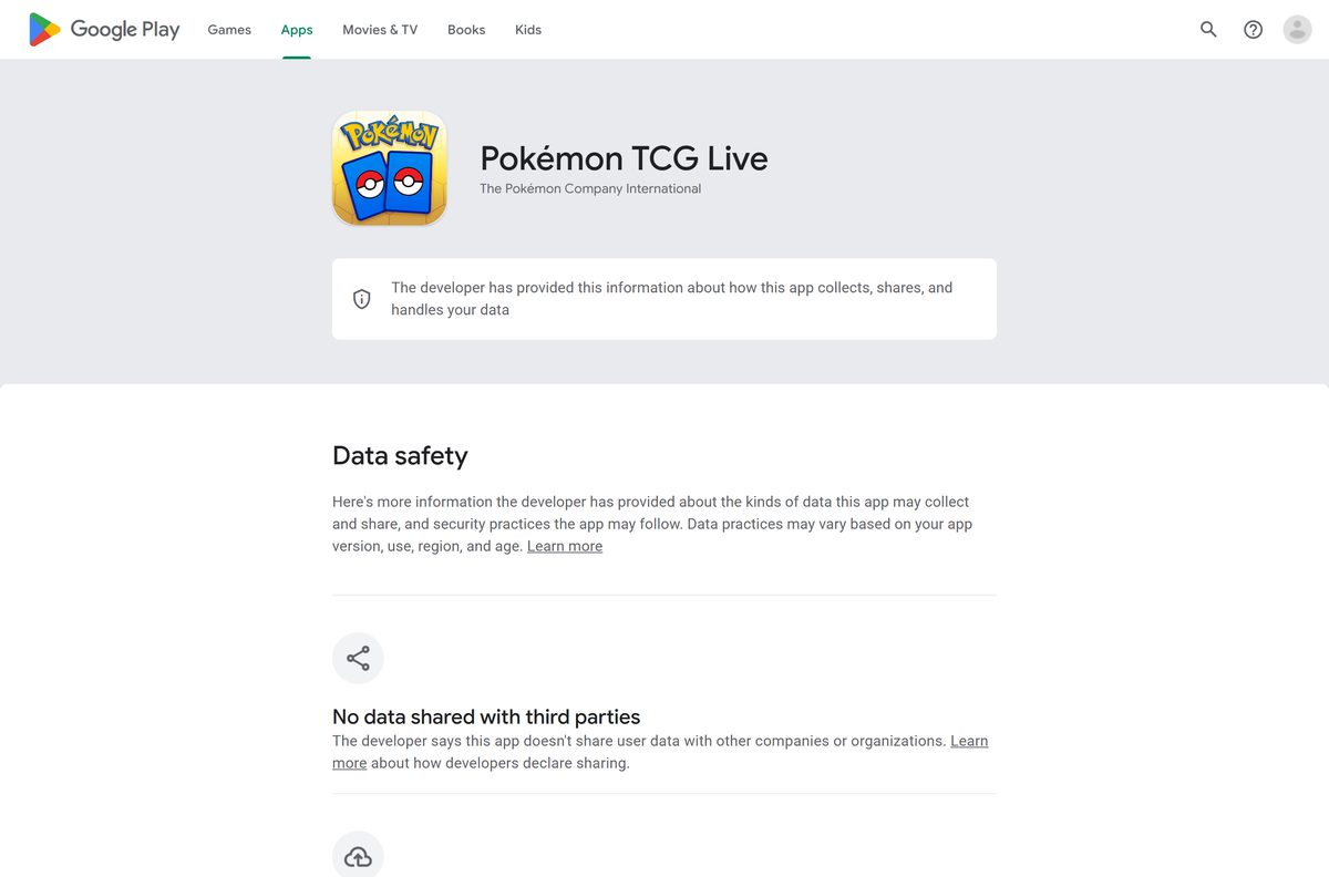 Google Play data safety details for Pokémon TCG Live