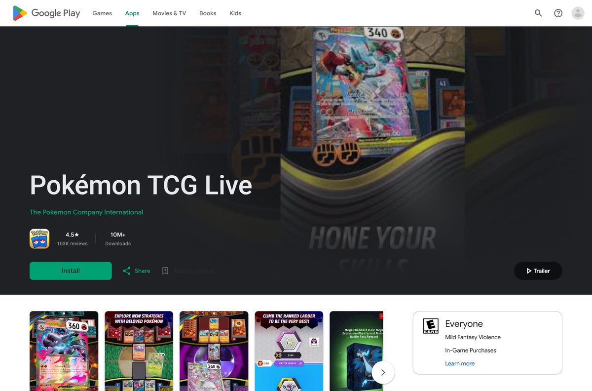 Google Play listing for Pokémon TCG Live with the Install button