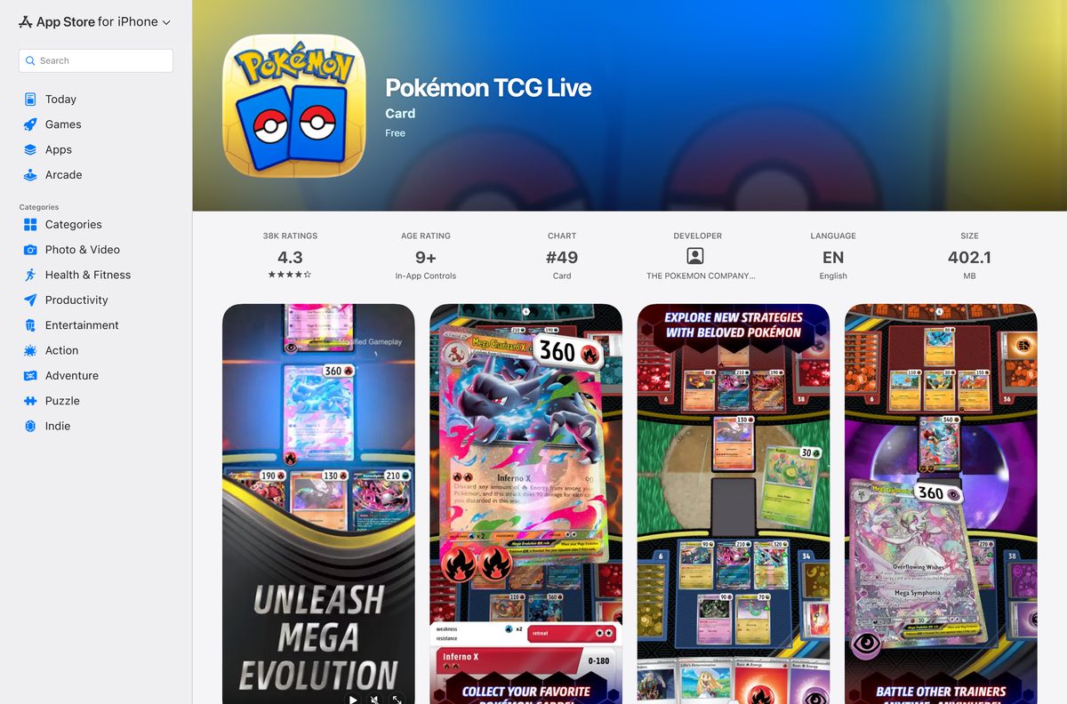 App Store listing for Pokémon TCG Live with its rating and size