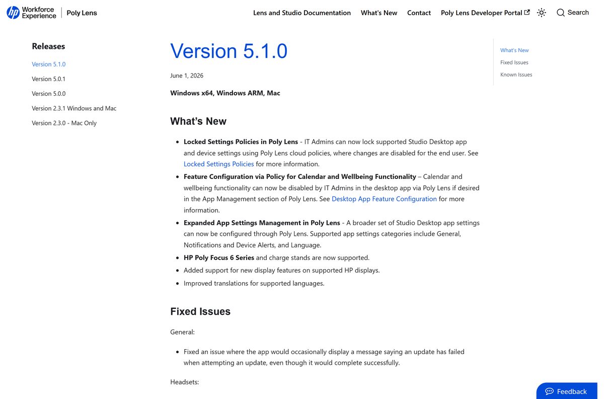Release notes page for the current Poly Lens desktop build