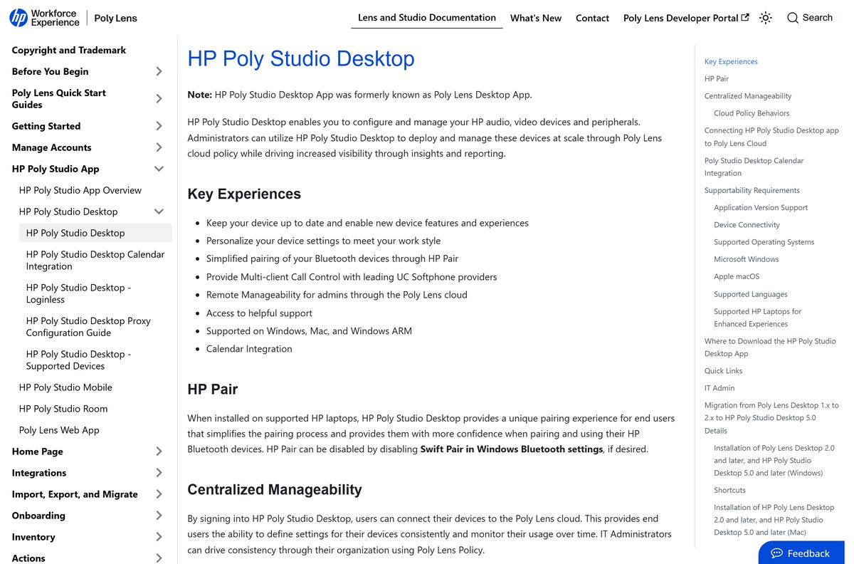 Poly Lens documentation table listing supported Windows and macOS releases