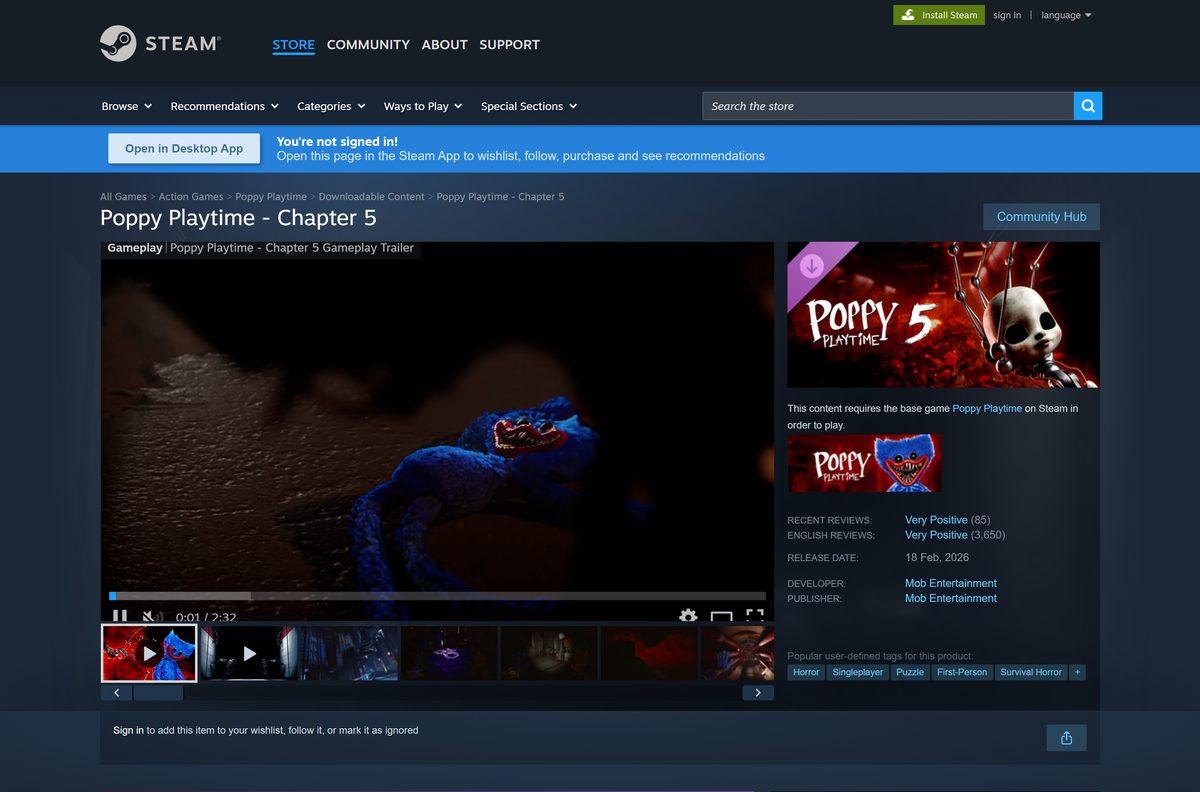 Steam page for Poppy Playtime Chapter 5 as paid DLC