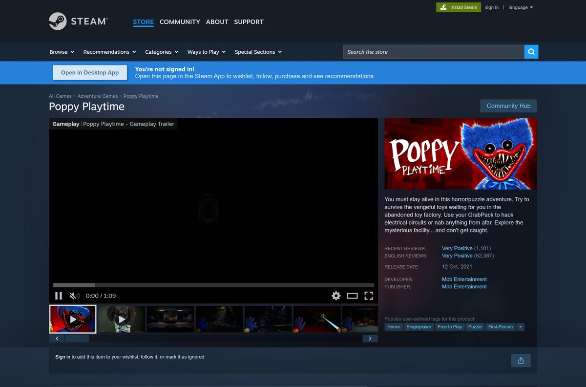 Steam store page for Poppy Playtime with reviews and tags