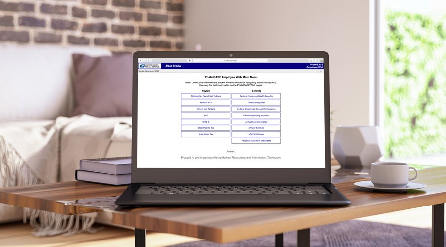PostalEASE main menu listing payroll and benefits options on a laptop
