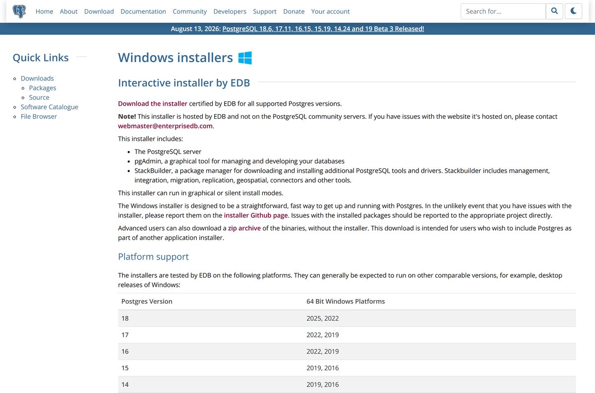 Official Windows installer page with the EDB download link