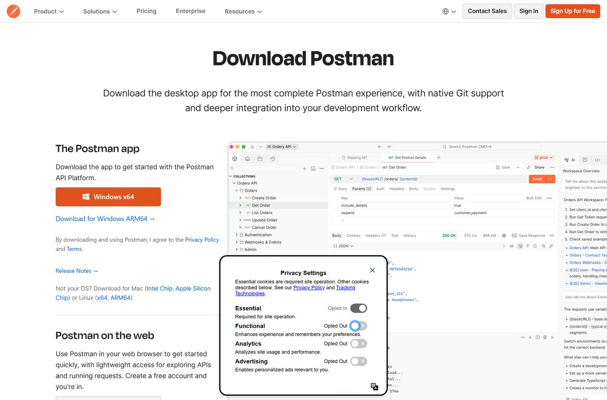 Postman downloads page with Windows, macOS and Linux buttons
