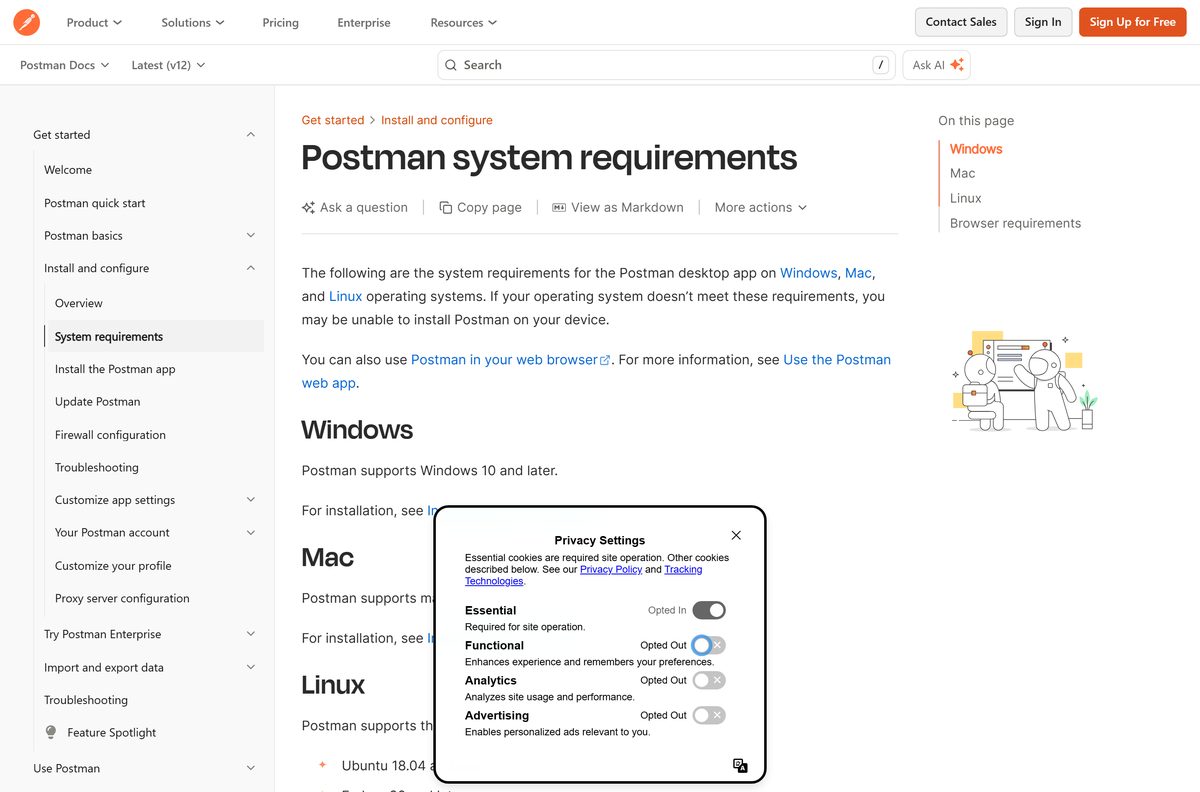 Postman docs page listing Windows, Mac and Linux requirements