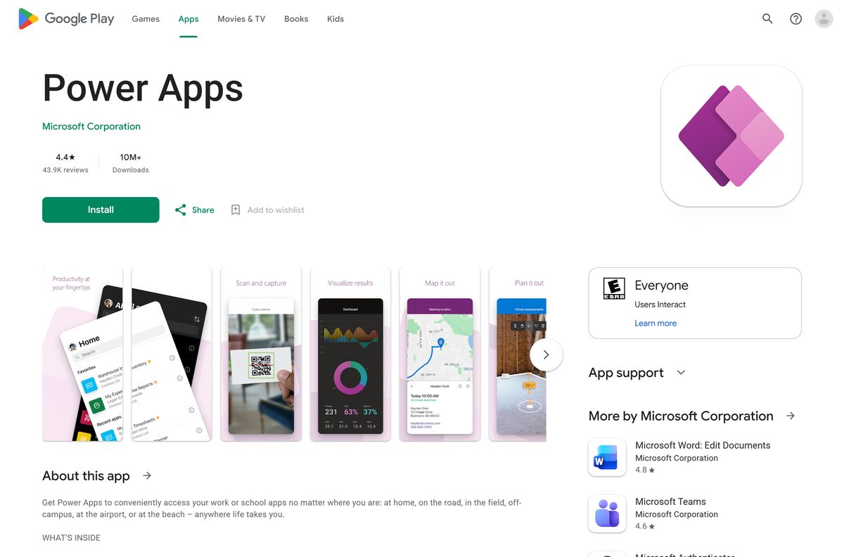 Google Play listing for Power Apps with its rating and download count