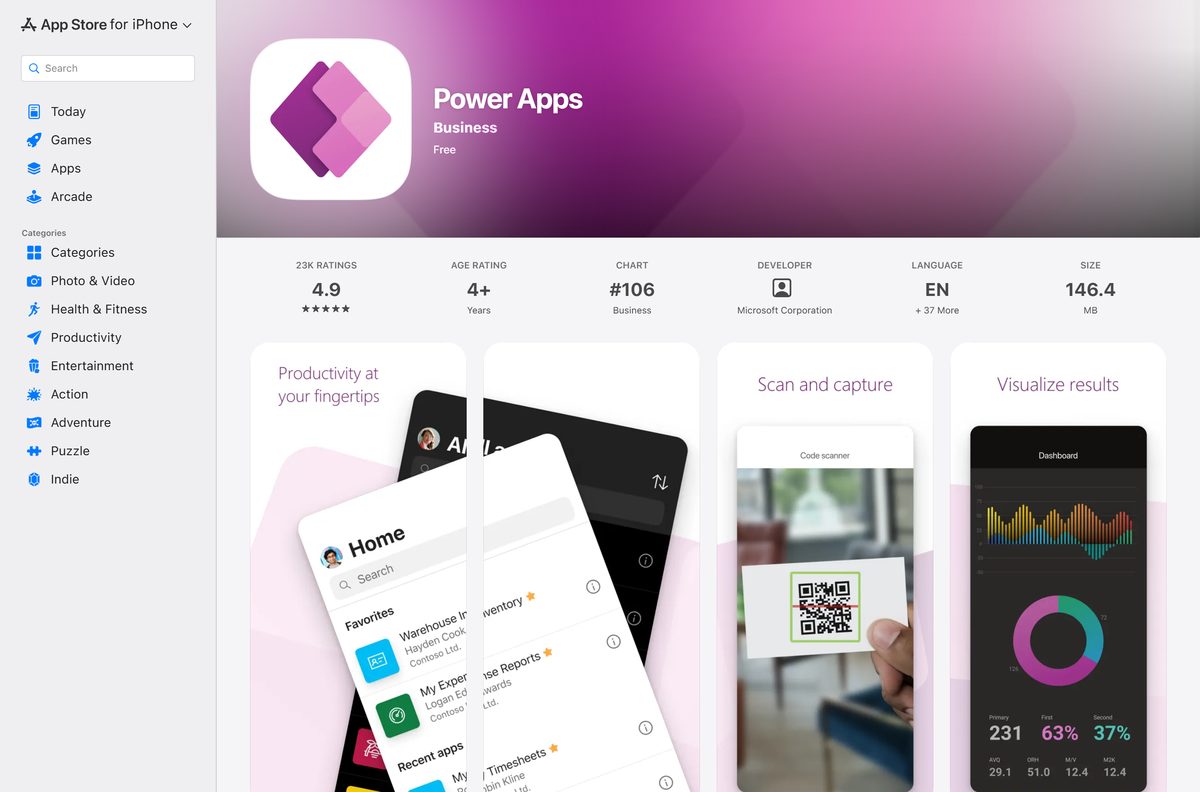 App Store page for Power Apps with its size and age rating