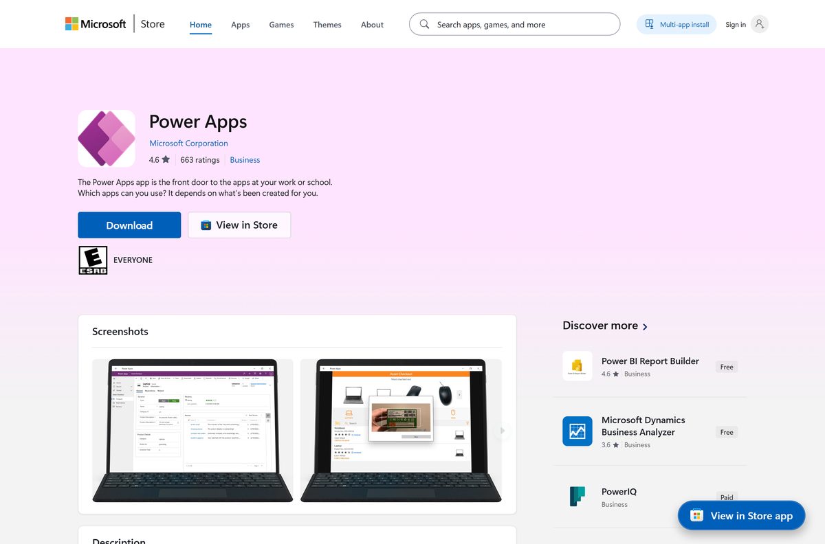 Microsoft Store listing for Power Apps with its price and rating