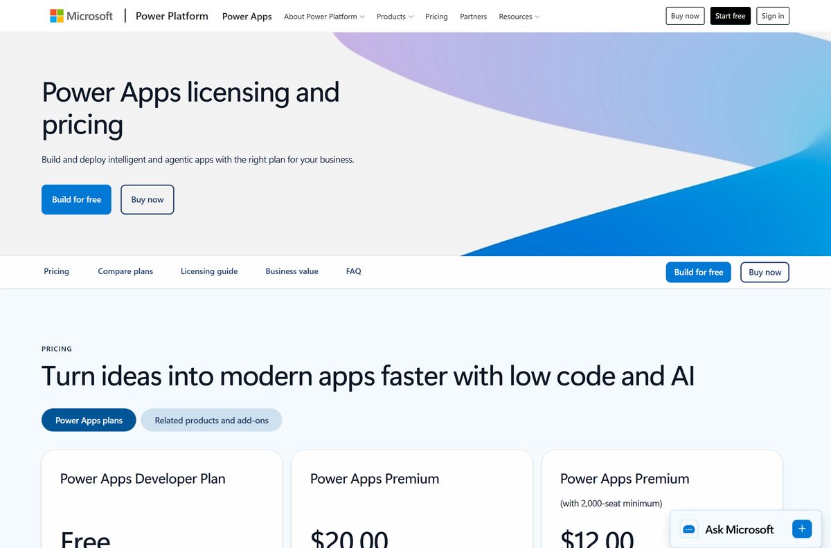 Microsoft pricing page comparing the free developer plan with the premium plan