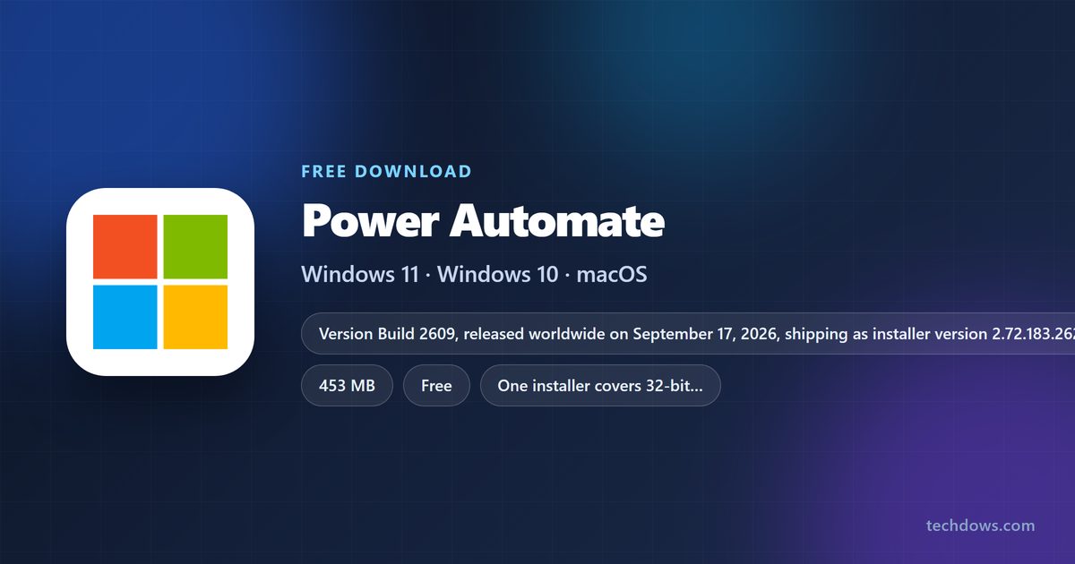 Power Automate logo beside its price, platforms and installer size