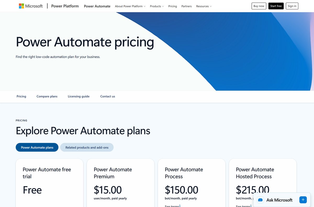 Power Automate pricing page showing the premium and process plan tiers