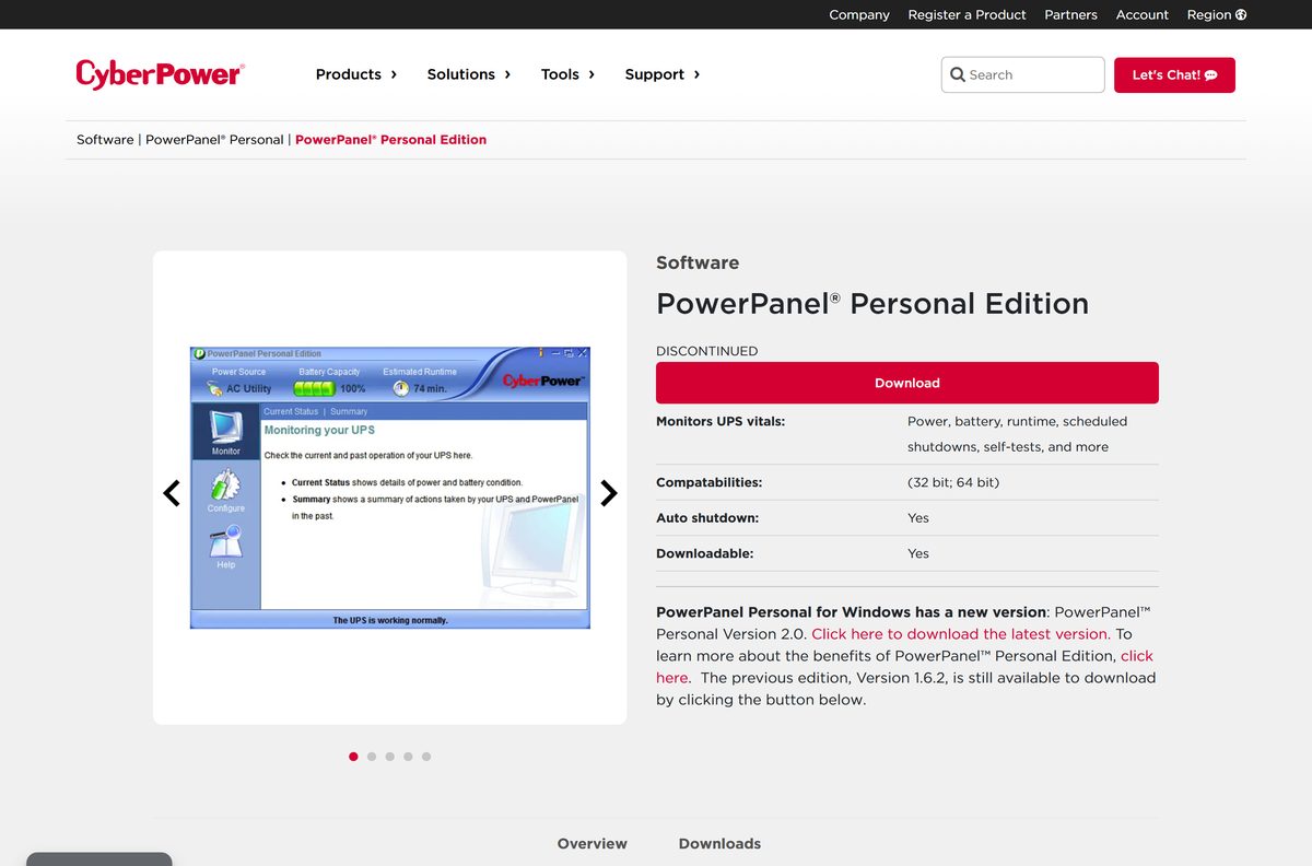 Discontinued PowerPanel Personal Edition 1.6.2 page for older Windows