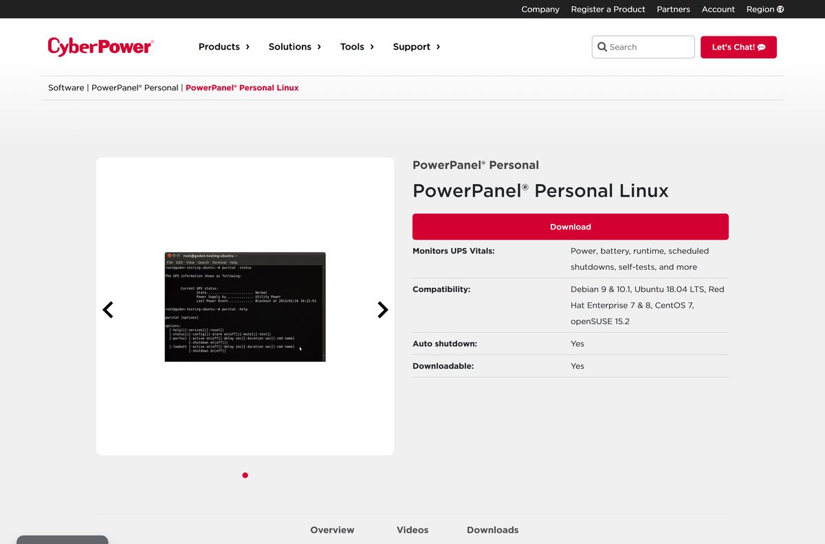 PowerPanel Personal Linux page with supported distributions