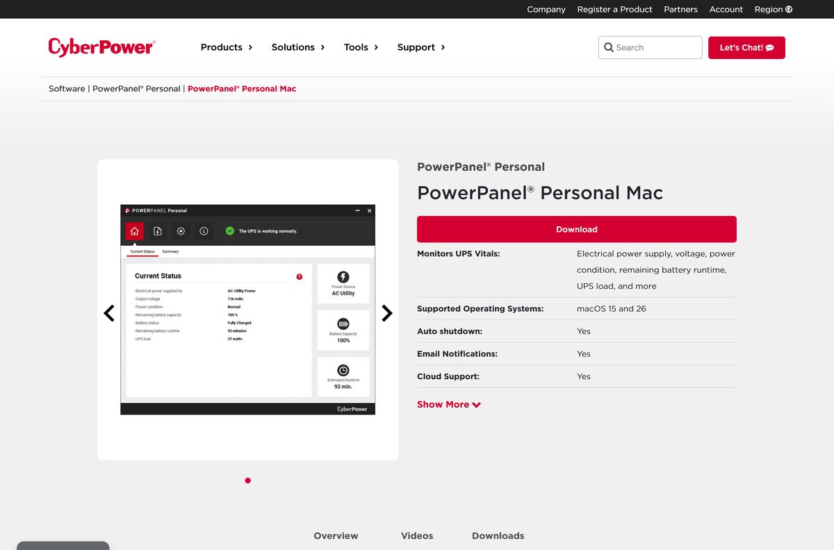 PowerPanel Personal Mac product page listing supported macOS versions