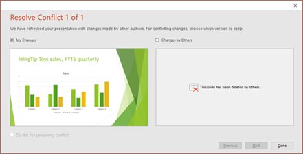 PowerPoint Resolve Conflict dialog showing My Changes and Changes by Others