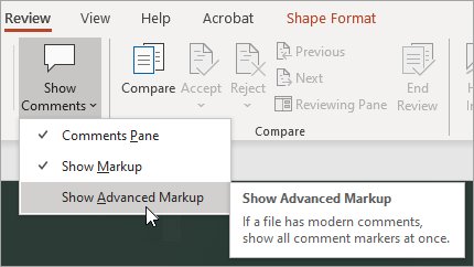PowerPoint Review ribbon Show Comments menu with Show Advanced Markup highlighted